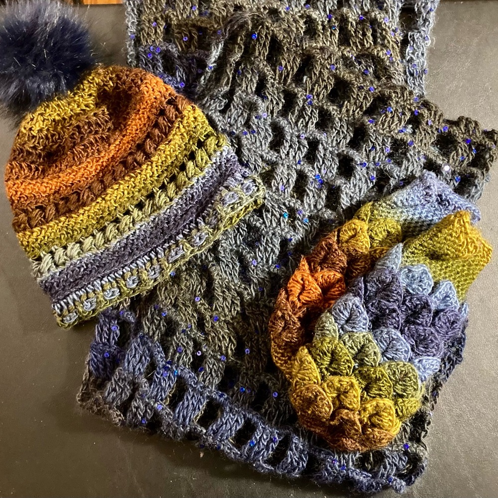 Hat, scarf, fingerless glove set. Hand-made luxury acrylic; sequin on scarf.
